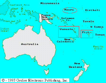 Map showing locations of New Zealand, Fiji, Vanuatu, Nauru and Australia.